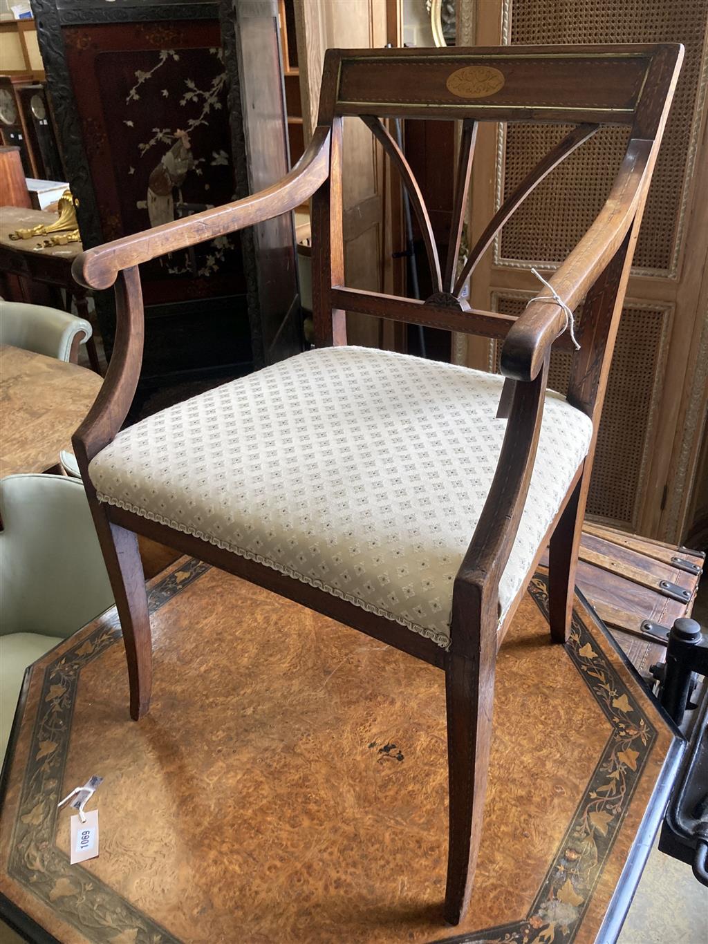 A 19th century Dutch inlaid elbow chair, width 59cm, depth 50cm, height 89cm